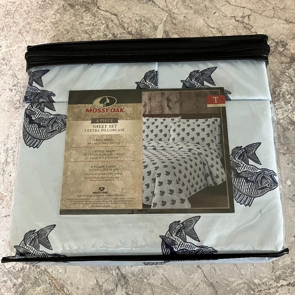 MOSSY OAK 4 Pc FISH DESIGN TWIN SHEET SET 1 EX PILLOWCASES Navy Blue  NEW